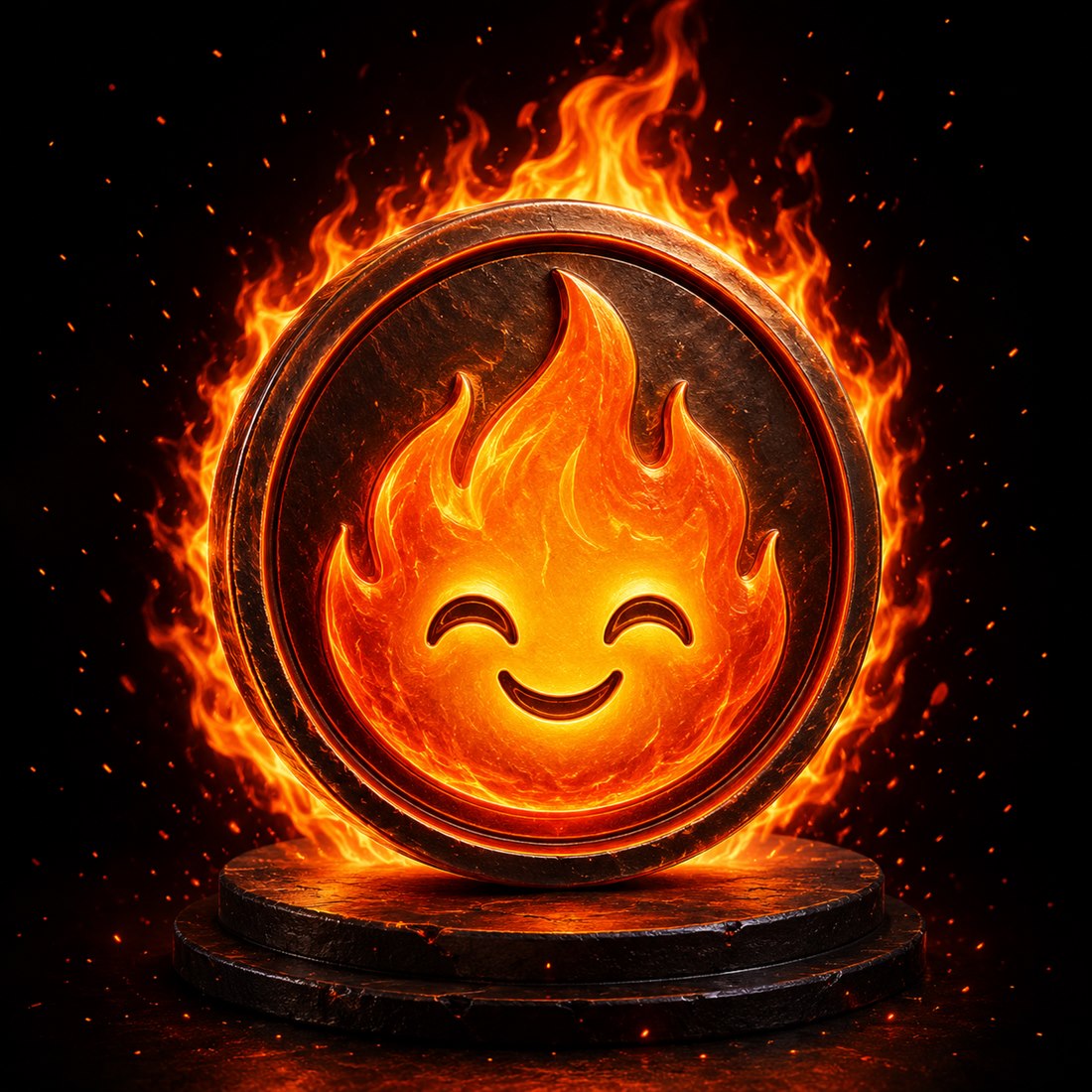 A blazing KILNFUN coin with a smiling flame emblem